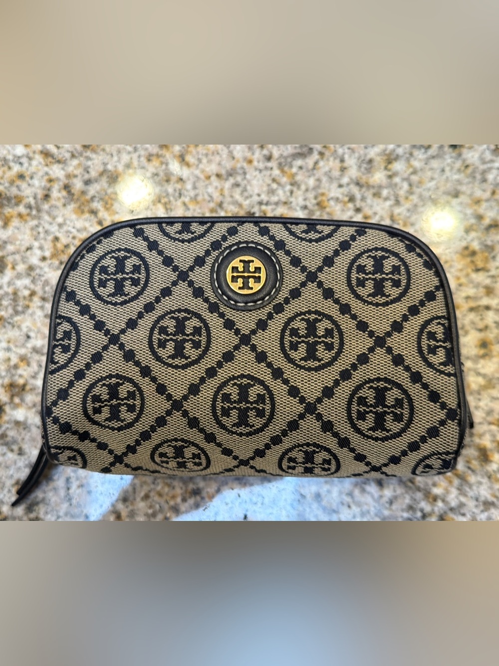 Tory Burch Beige and Black Logo Jacquard Cosmetic Case